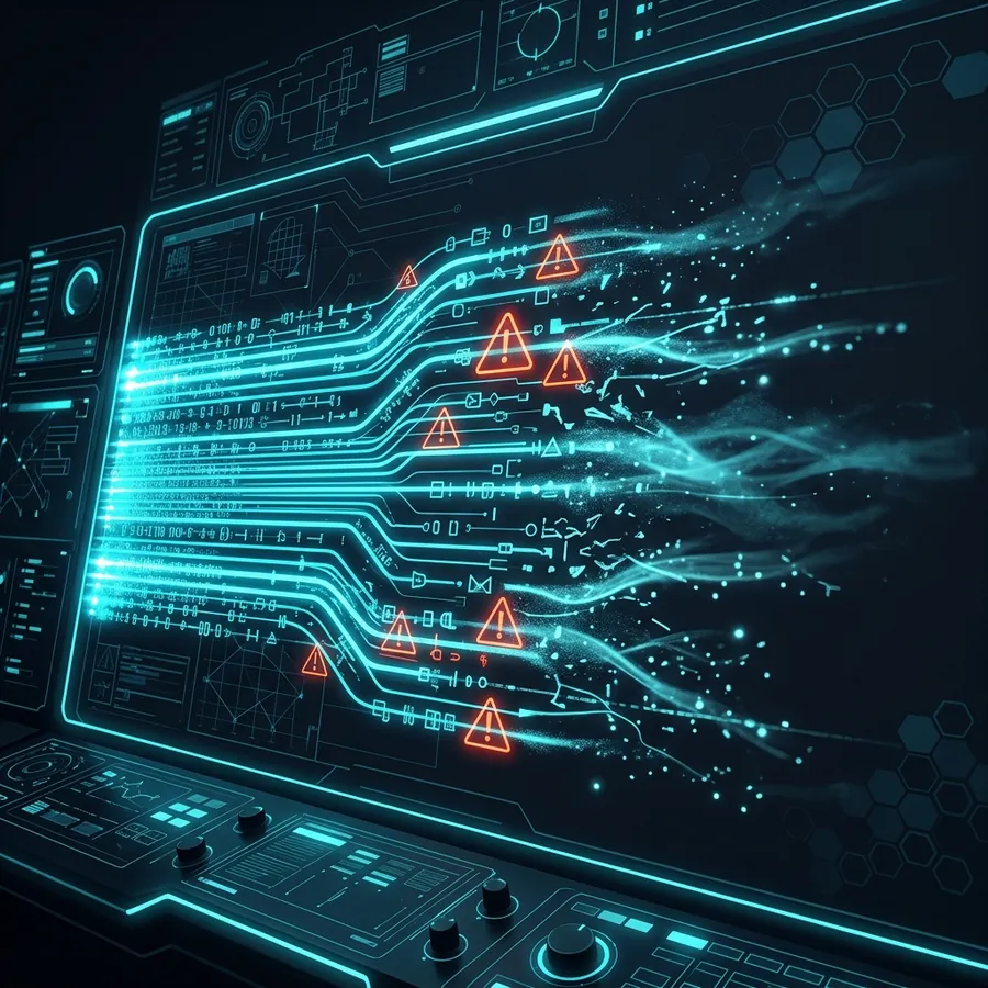 Abstract illustration of duplicates fading into a server screen cyan