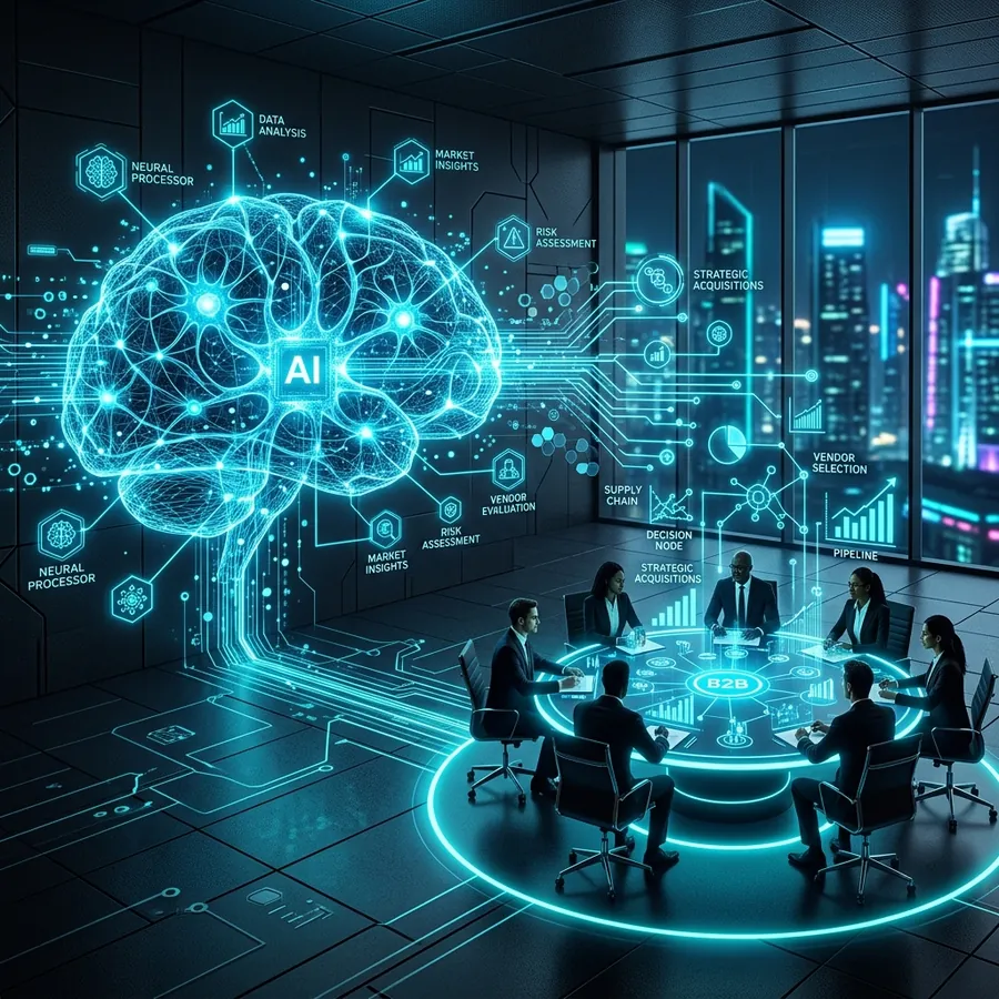 O ecossistema interno de uma IA processando decisões complexas de compra corporativa, transformando dados soltos em autoridade direta