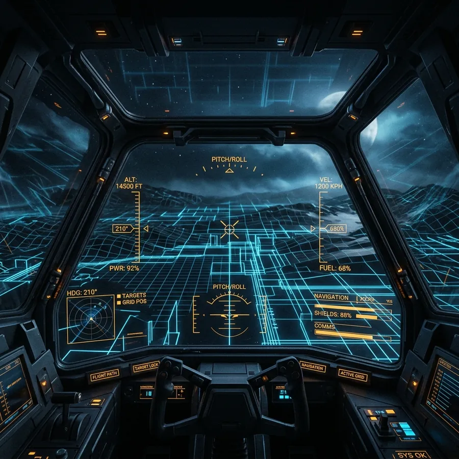 Futuristic cockpit view showing HUD overlays cyan