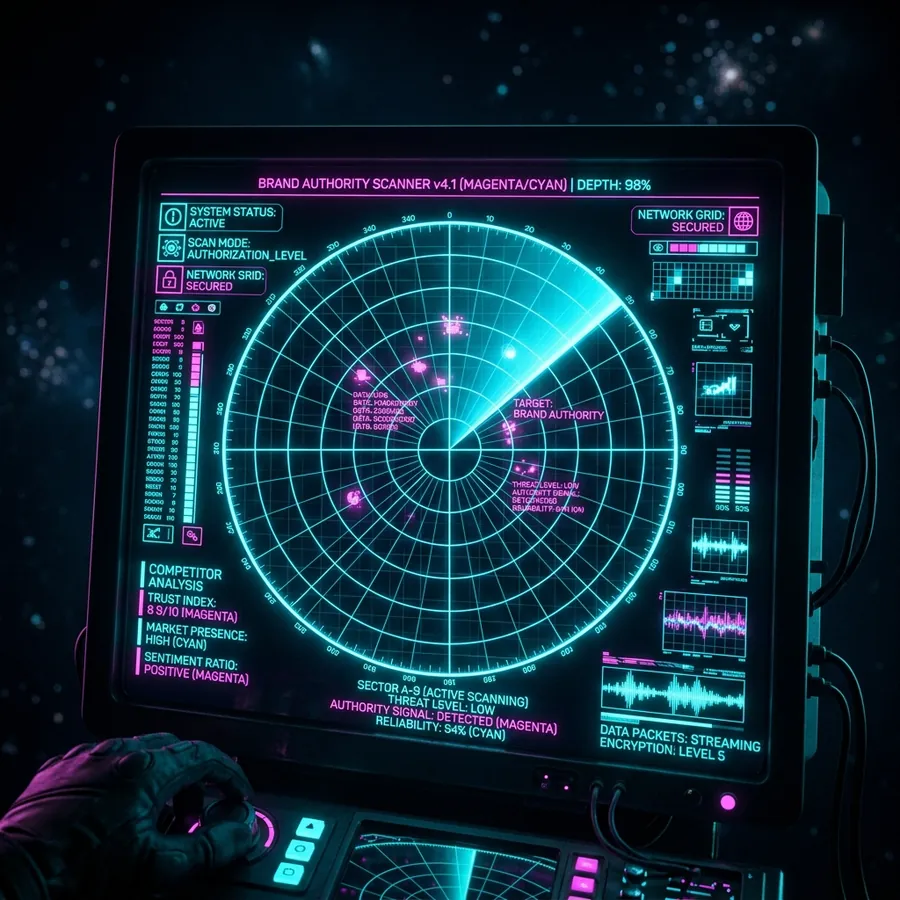 A tecnologia do Radar IndexPulse mapeando a autoridade da marca nos oráculos generativos em um ambiente hi-tech
