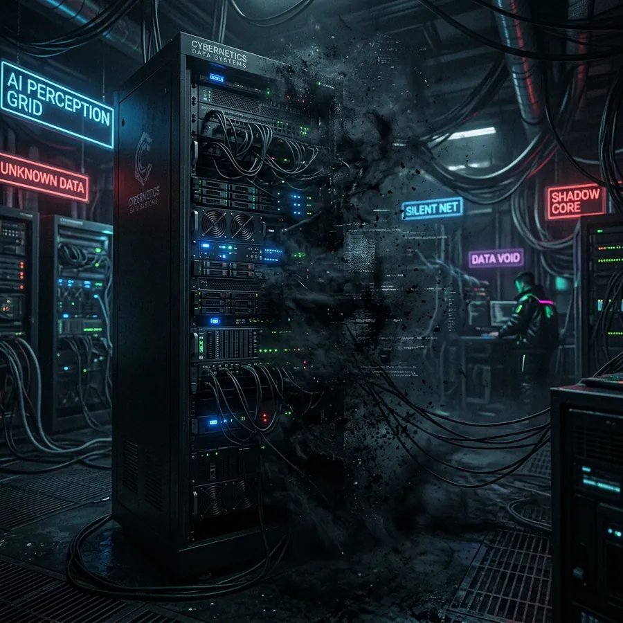 Uma representação cyberpunk da Síndrome do Fantasma Corporativo, onde empresas não otimizadas desaparecem no escuro