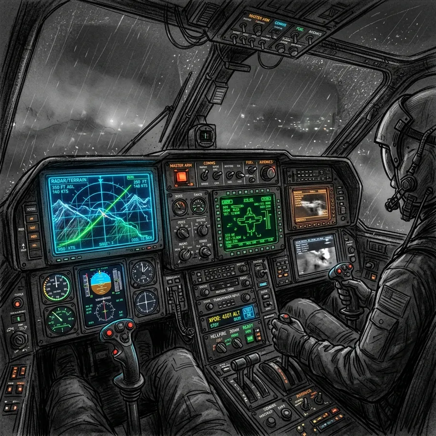 Military helicopter cockpit dashboard flying in low visibility