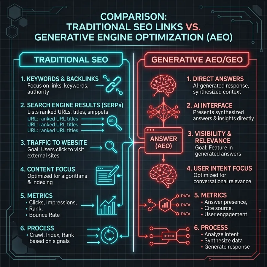 O contraste entre a busca clássica por links e a síntese semântica por citação da IA
